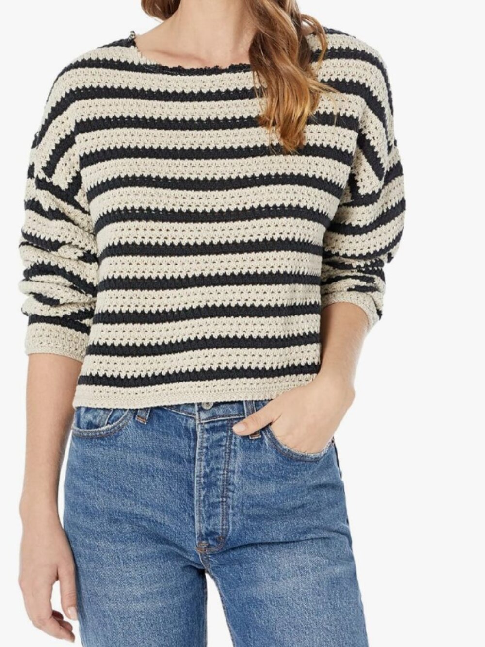 Lucky Brand Oversized Crochet Striped Sweater XL Black Cream